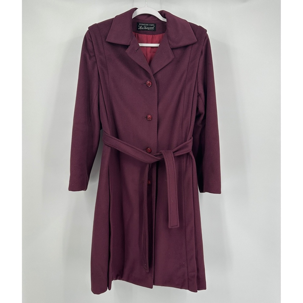 Vintage Signature Miss Harwood Trench Coat Size L Purple Belted Long Made in USA